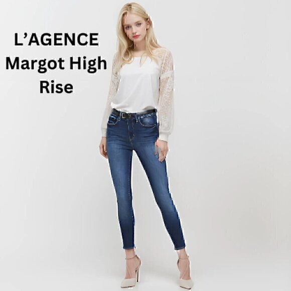L'AGENCE  Margo High Rise Skinny Vintage Blue Dark Wash Jeans Sz 24 $275 Retail - Picture 1 of 11